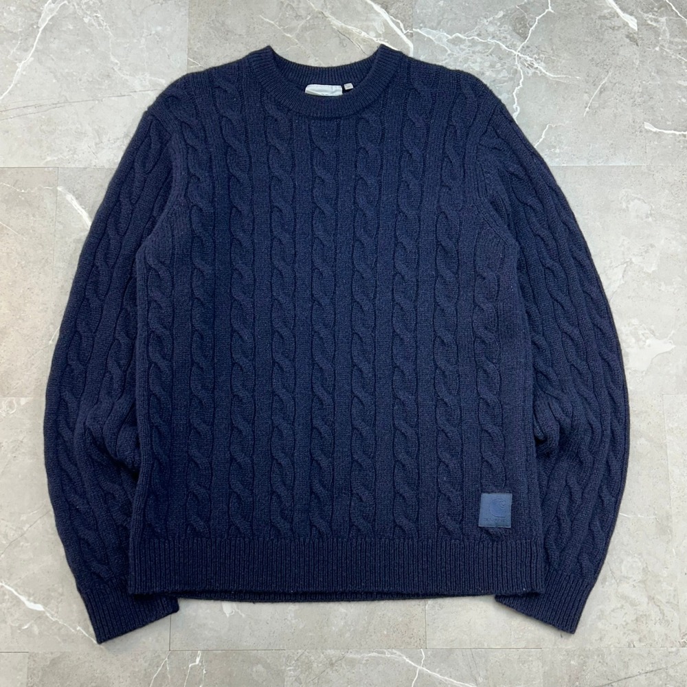 Carhartt WIP Cable Knit Fisherman Sweater Men Medium Wool Pullover Crewneck Navy